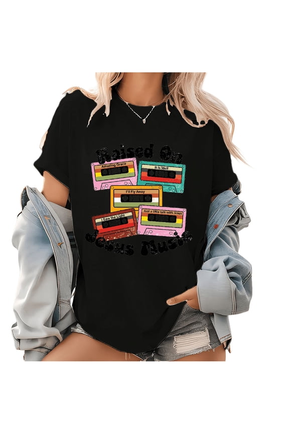 Womens Fully Personalized Pop Music Lover Graphic Tees Raised On Retro Cassette Tape Custom Mix Tape Song List Tops Black,3XL