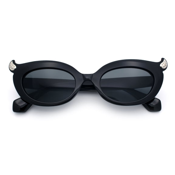 Womens Fun Devil Horn Jewel Oval Mod Fashion Plastic Sunglasses [All Black]