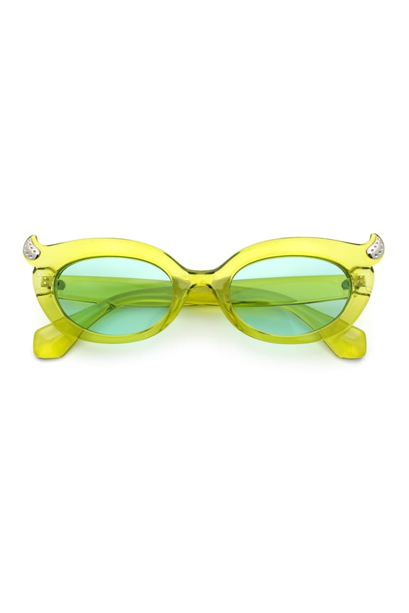 Womens Fun Devil Horn Jewel Oval Mod Fashion Plastic Sunglasses [Green - Blue]