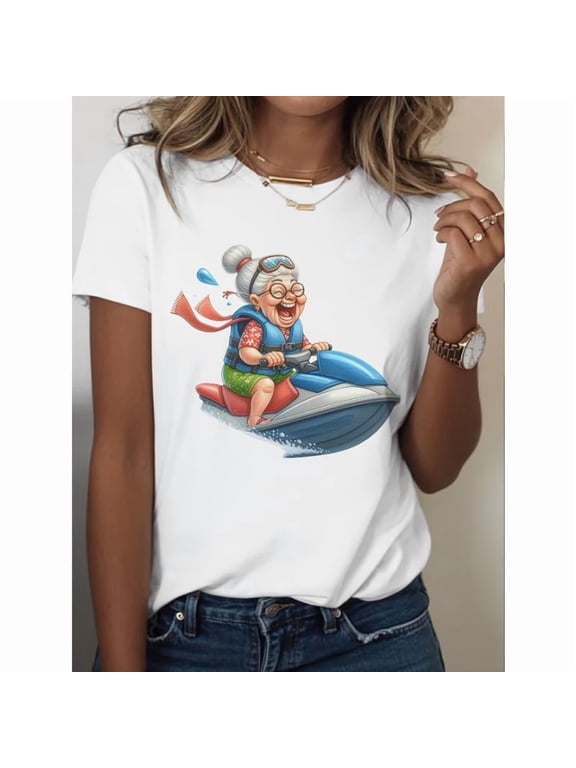 Womens Fun - Loving Grandma Jet Ski Graphic Tees Vibrant Adventure - Themed Print T - shirts Comfortable Short Sleeve Casual Daily Wear Tops Perfect For Adventure - Seeking Grannies