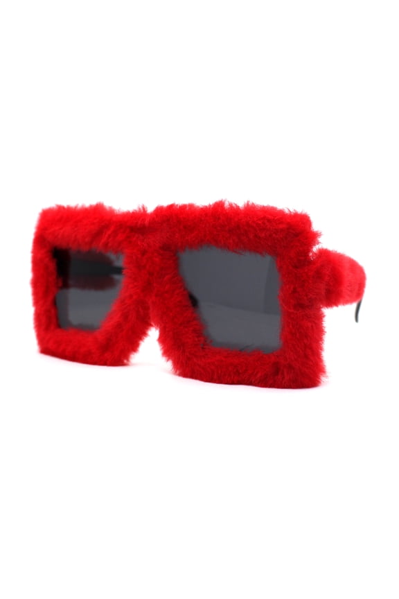 Womens Funky Fur Covered Squared Rectangle Oversize Sunglasses Red Black