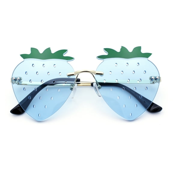 Womens Funky Strawberry Heart Shape Rimless Lolita Metal Frame Sunglasses Gold - Blue