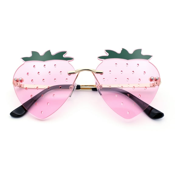 Womens Funky Strawberry Heart Shape Rimless Lolita Metal Frame Sunglasses Gold - Pink