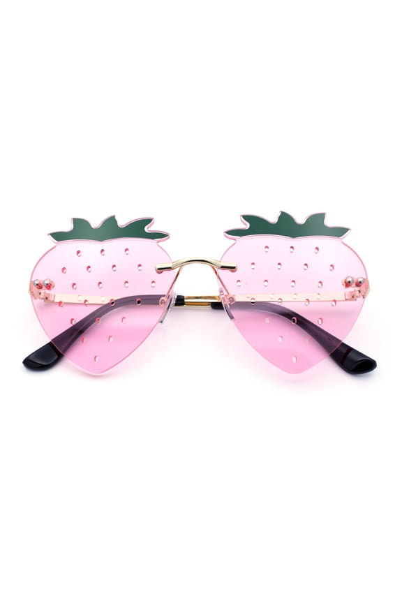 Womens Funky Strawberry Heart Shape Rimless Lolita Metal Frame Sunglasses Gold - Pink