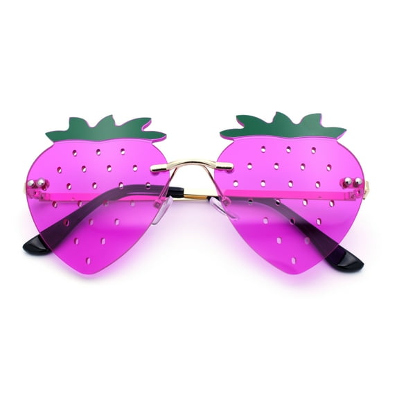 Womens Funky Strawberry Heart Shape Rimless Lolita Metal Frame Sunglasses Gold - Purple