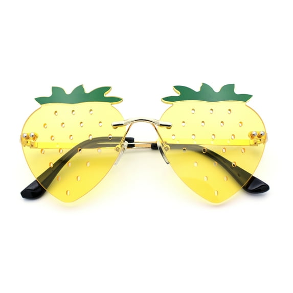 Womens Funky Strawberry Heart Shape Rimless Lolita Metal Frame Sunglasses Gold - Yellow