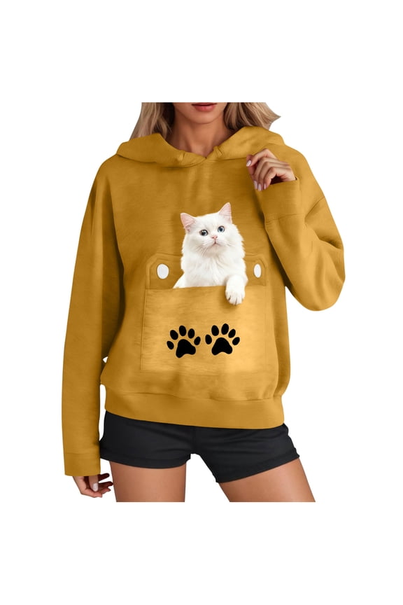 Womens Funny Cat Hoodies Oversized 3D Graphic Hooded Sweatshirts for Spring Fall Plus Size Pullover Hoodie Top Y2K
