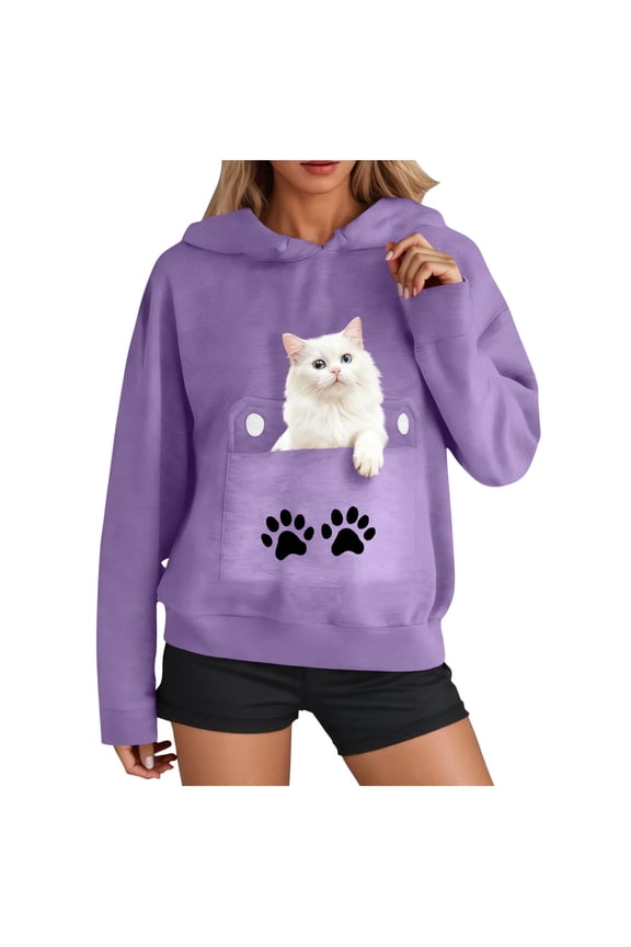 Womens Funny Cat Hoodies Oversized 3D Graphic Hooded Sweatshirts for Spring Fall Plus Size Pullover Hoodie Top Y2K