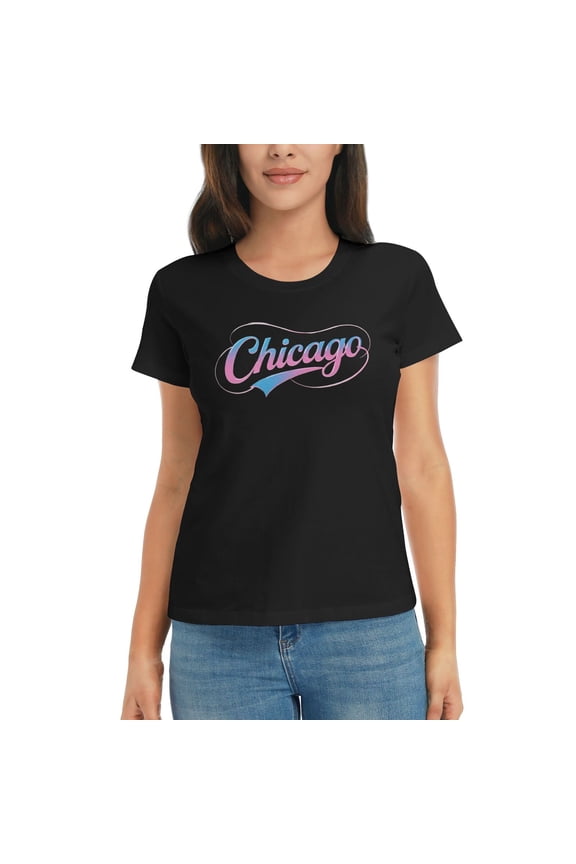 Womens Funny Chicago City Print T-Shirt Vintage Illinois Graphic Cotton Tee Casual American Style Holiday Gift Fashion Tops
