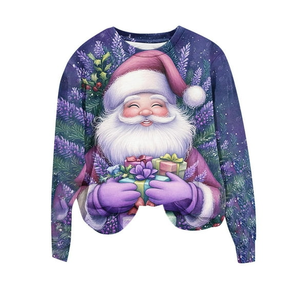 Womens Funny Christmas Sweatshirts Santa Claus Graphic Sweatshirt Xmas Long Sleeve Pullover Tops, XL Purple