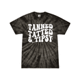 thumbnail image 1 of Womens Funny Cute Groovy Tanned Tatted & Tipsy Design Tie-Dye Ladies Short Sleeve T-Shirt-Black Tie-Dye-Small, 1 of 1