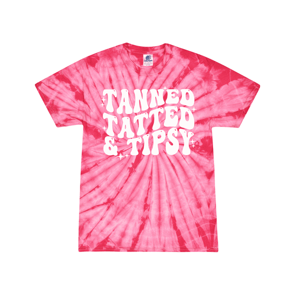 Womens Funny Cute Groovy Tanned Tatted & Tipsy Design Tie-Dye Ladies Short Sleeve T-Shirt-Pink Tie-Dye-Small