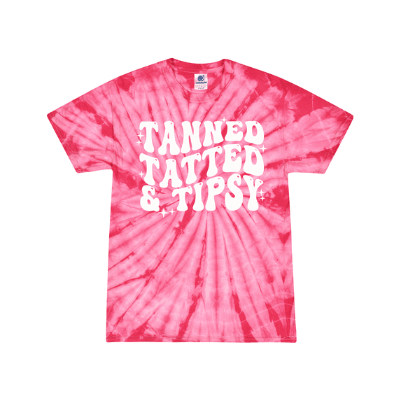 Womens Funny Cute Groovy Tanned Tatted & Tipsy Design Tie-Dye Ladies Short Sleeve T-Shirt-Pink Tie-Dye-X-Large