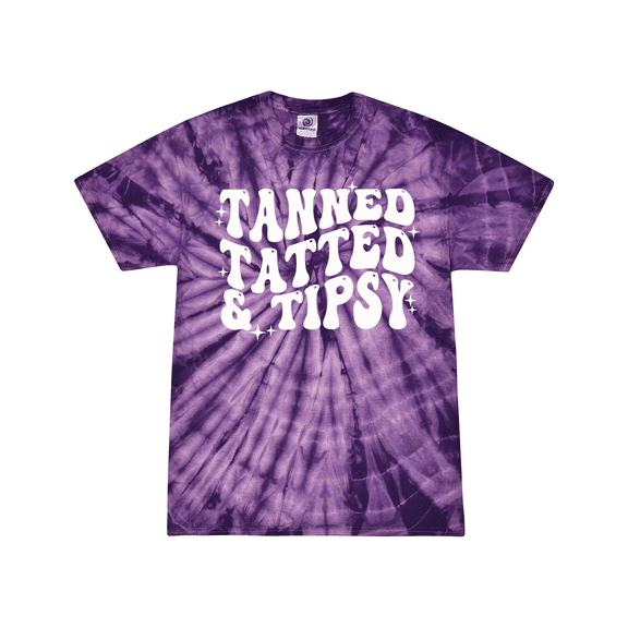 Womens Funny Cute Groovy Tanned Tatted & Tipsy Design Tie-Dye Ladies Short Sleeve T-Shirt-Purple Tie-Dye-Large