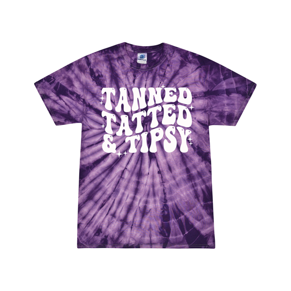 Womens Funny Cute Groovy Tanned Tatted & Tipsy Design Tie-Dye Ladies Short Sleeve T-Shirt-Purple Tie-Dye-XX-Large