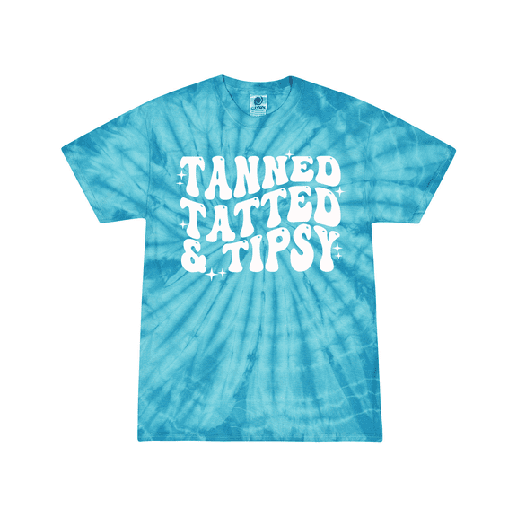 Womens Funny Cute Groovy Tanned Tatted & Tipsy Design Tie-Dye Ladies Short Sleeve T-Shirt-Turquoise Tie-Dye-X-Large