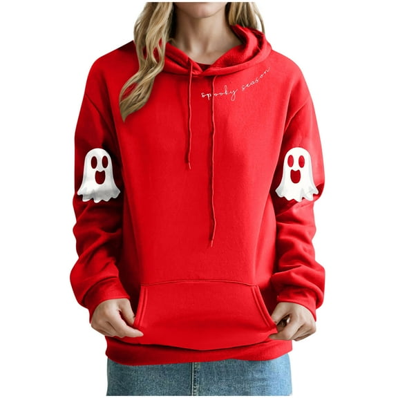 Womens Funny Halloween Outfits Cute Hoodie Ghost Printed Long Sleeve Hooded Drawstring Sweatshirt Pullover Tops (2XL, Red)
