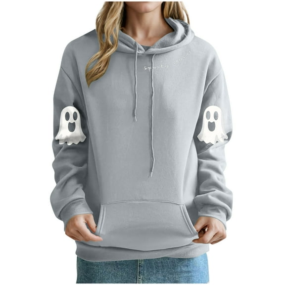 Womens Funny Halloween Outfits Cute Hoodie Ghost Printed Long Sleeve Hooded Drawstring Sweatshirt Pullover Tops (L, Gray)