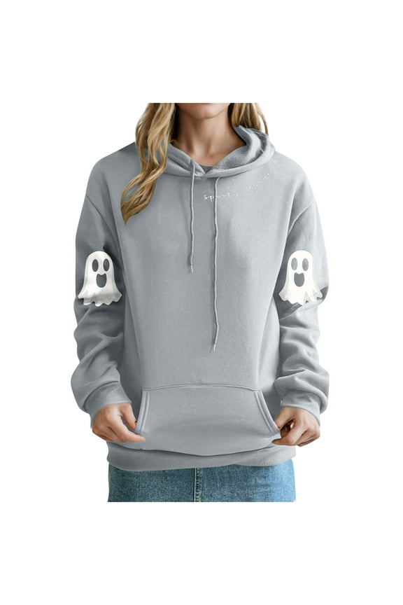 Womens Funny Halloween Outfits Cute Hoodie Ghost Printed Long Sleeve Hooded Drawstring Sweatshirt Pullover Tops (L, Gray)