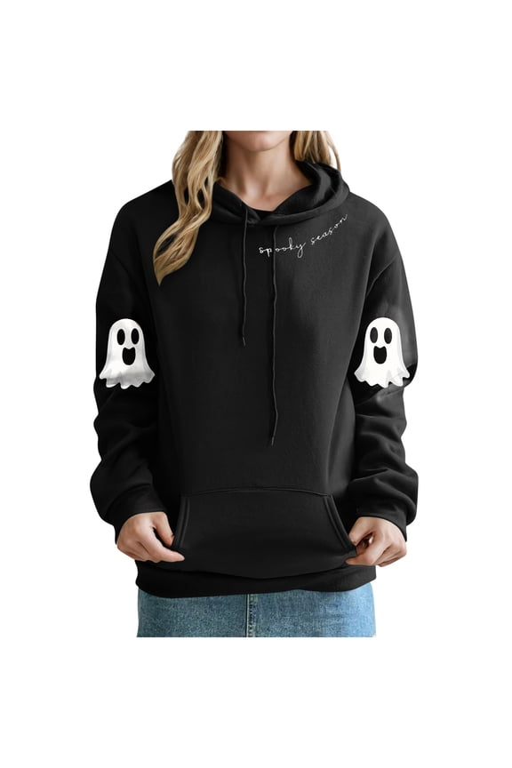 Womens Funny Halloween Outfits Cute Hoodie Ghost Printed Long Sleeve Hooded Drawstring Sweatshirt Pullover Tops (M, Black)