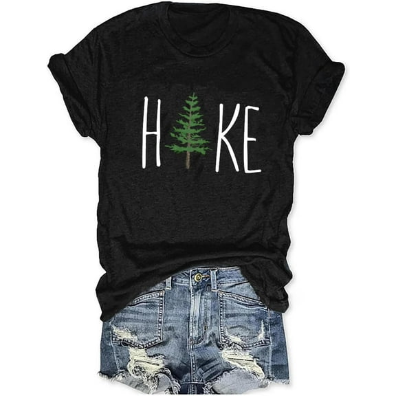 Womens Funny Heart Mountain Camping Tree Graphic Tee Forest Print T-Shirt Casual Hike Short Sleeve