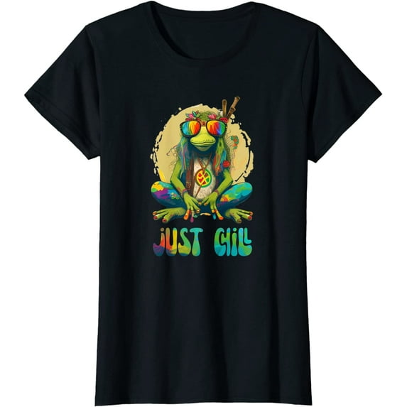 Womens Funny Hippie Frog Shirt Just Chill T-Shirt Black Large