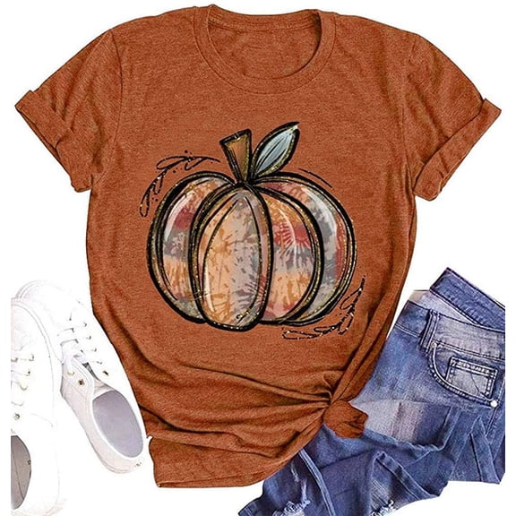 Womens Funny Leopard Pumpkin Shirts Short Sleeve Halloween Thanksgiving Fall T-Shirts Graphic Tee Tops
