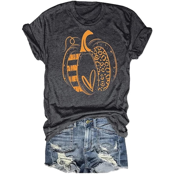 Womens Funny Leopard Pumpkin Shirts Short Sleeve Halloween Thanksgiving Fall T-Shirts Graphic Tee Tops
