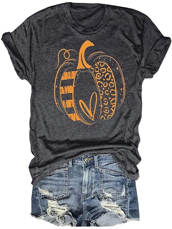 Womens Funny Leopard Pumpkin Shirts Short Sleeve Halloween Thanksgiving Fall T-Shirts Graphic Tee Tops