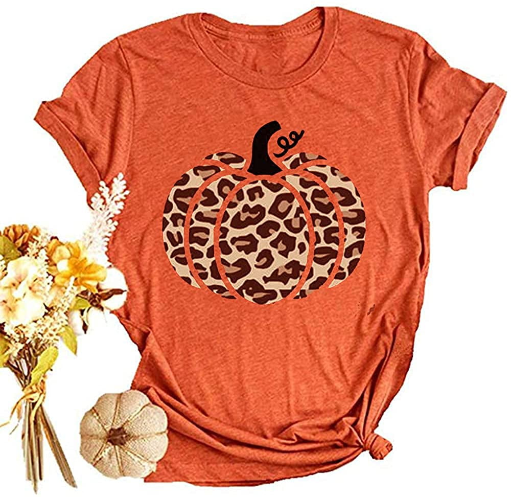 Womens Funny Leopard Pumpkin Shirts Short Sleeve Halloween Thanksgiving