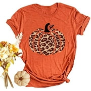 Womens Funny Leopard Pumpkin Shirts Short Sleeve Halloween Thanksgiving Fall T-Shirts Graphic Tee Tops
