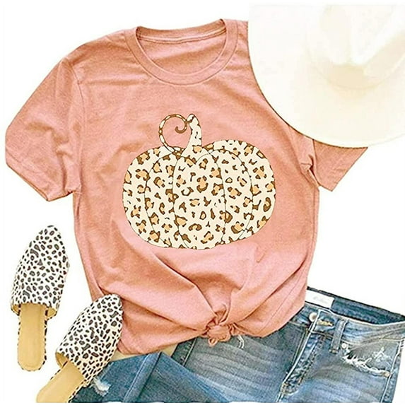 Womens Funny Leopard Pumpkin Shirts Short Sleeve Halloween Thanksgiving Fall T-Shirts Graphic Tee Tops