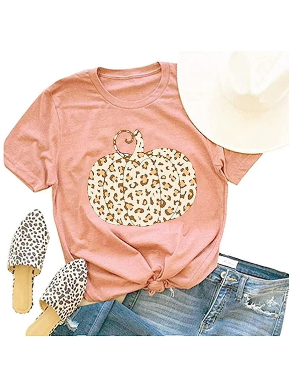 Womens Funny Leopard Pumpkin Shirts Short Sleeve Halloween Thanksgiving Fall T-Shirts Graphic Tee Tops