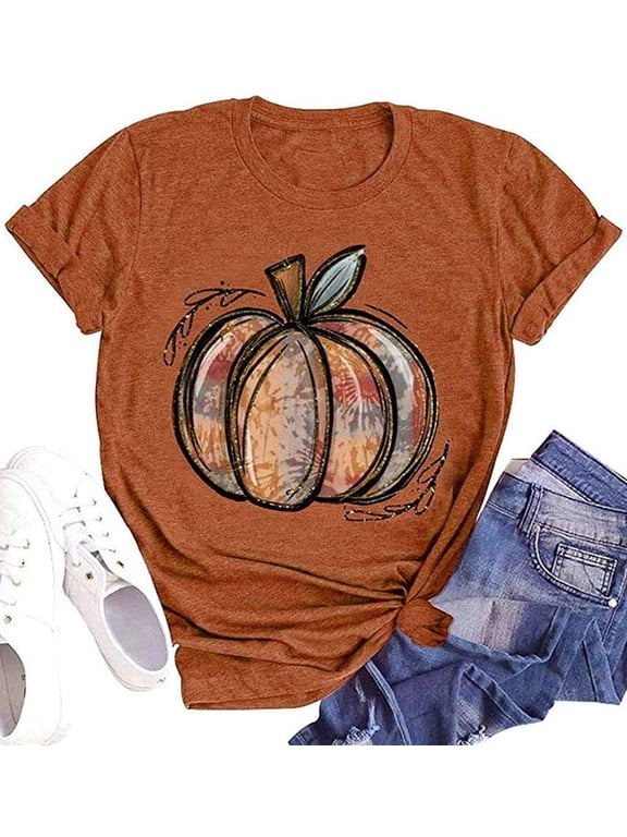 Funny Leopard Pumpkin Graphic Short Sleeve Halloween Thanksgiving Fall T-Shirts (Women's)