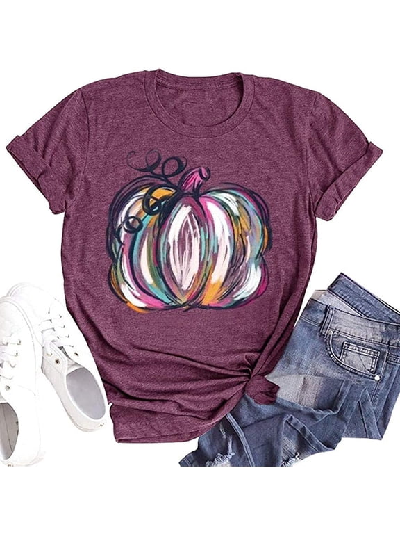 Womens Funny Leopard Pumpkin Shirts Short Sleeve Halloween Thanksgiving Fall T-Shirts Graphic Tee Tops