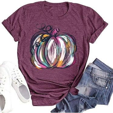 Womens Funny Leopard Pumpkin Shirts Short Sleeve Thanksgiving Fall T-Shirts Graphic Tee Tops