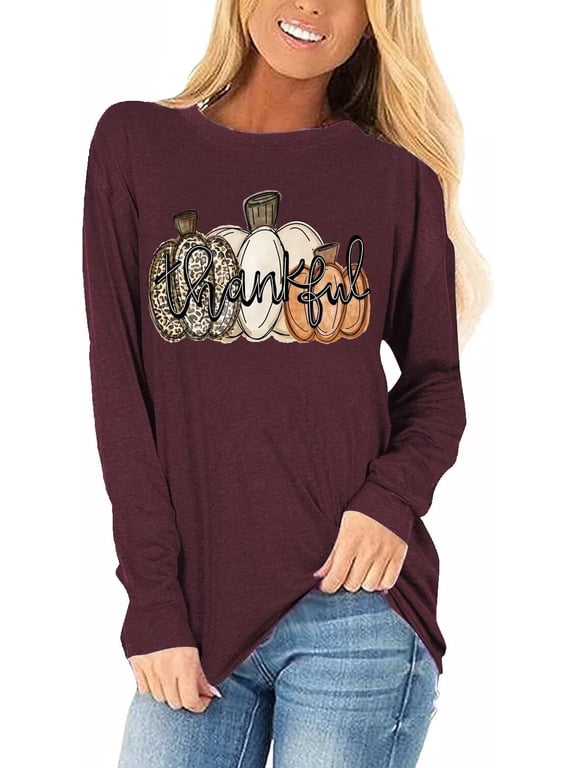 Womens Funny Long Sleeve Halloween Thanksgiving Fall Pumpkin T-Shirts Graphic Tee Tops (XL,26 Wine Red)