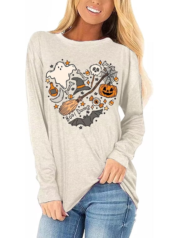 Womens Funny Long Sleeve Halloween Thanksgiving Fall Pumpkin T-Shirts Graphic Tee Tops