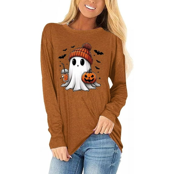 Womens Funny Long Sleeve Halloween Thanksgiving Fall Pumpkin T-Shirts Graphic Tee Tops
