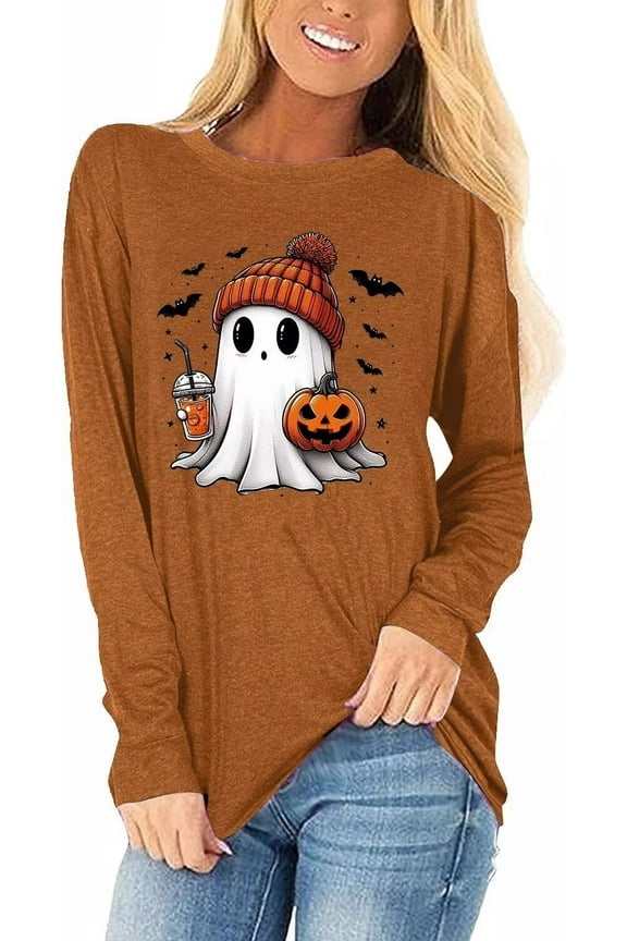 Womens Funny Long Sleeve Halloween Thanksgiving Fall Pumpkin T-Shirts Graphic Tee Tops