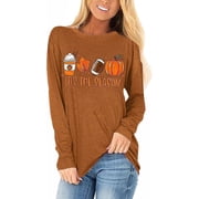 Womens Funny Long Sleeve Halloween Thanksgiving Fall Pumpkin T-Shirts Graphic Tee Tops