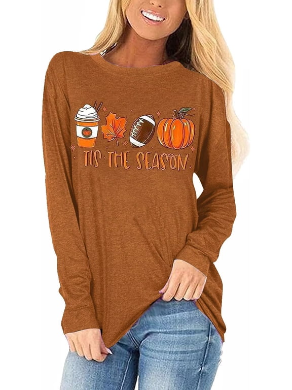 Womens Funny Long Sleeve Halloween Thanksgiving Fall Pumpkin T-Shirts Graphic Tee Tops