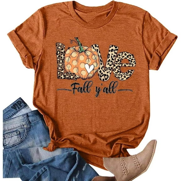 Womens Funny Love Fall Yall Short Sleeve Halloween Thanksgiving Fall T-Shirts Graphic Tee Tops (S,23Y Brown)