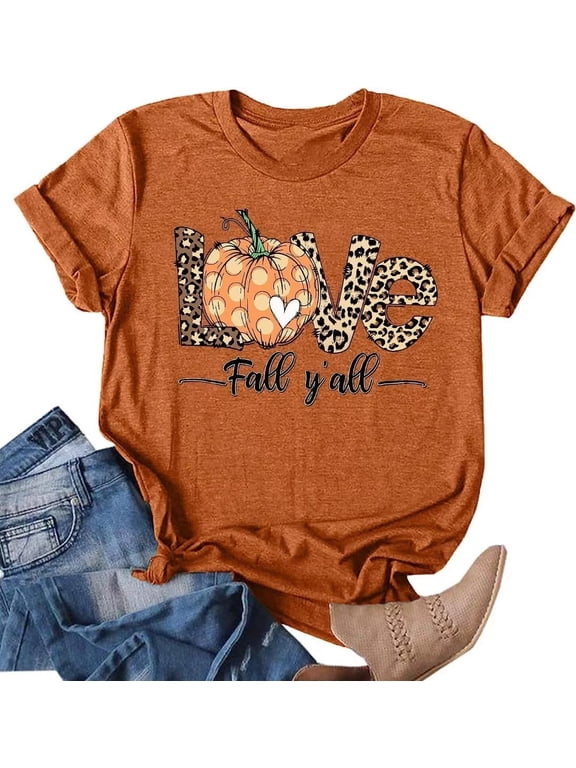 Womens Funny Love Fall Yall Short Sleeve Halloween Thanksgiving Fall T-Shirts Graphic Tee Tops (XL,23Y Brown)