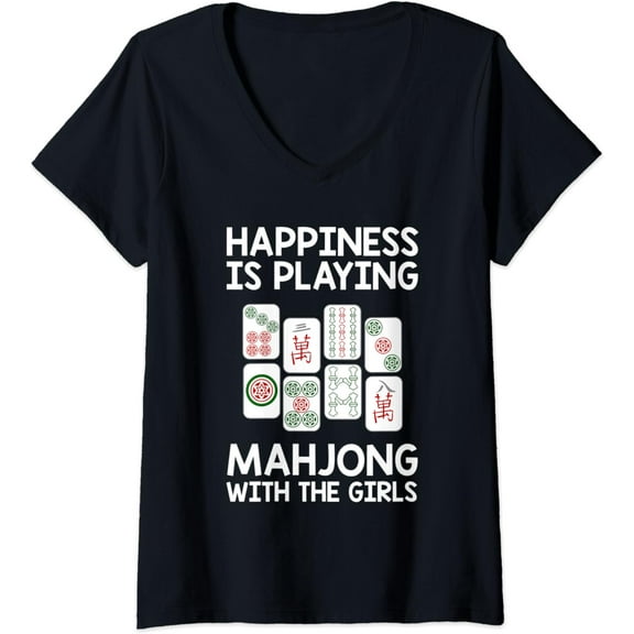 Womens Funny Mahjong Gift Cool Happiness Is Playing Mahjong Girls V-Neck T-Shirt
