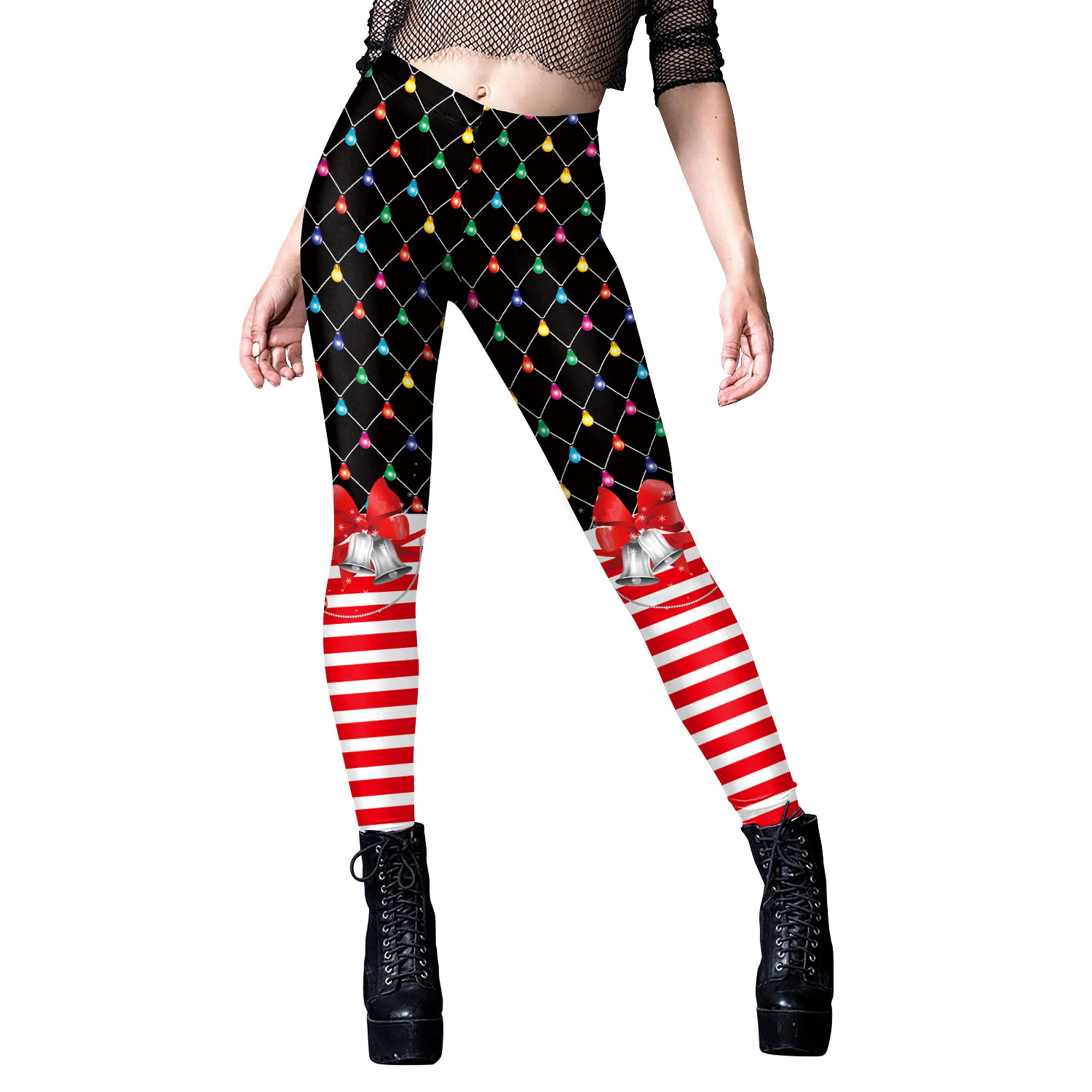 Womens Funny Printed Ugly Christmas Leggings Stripes Print High