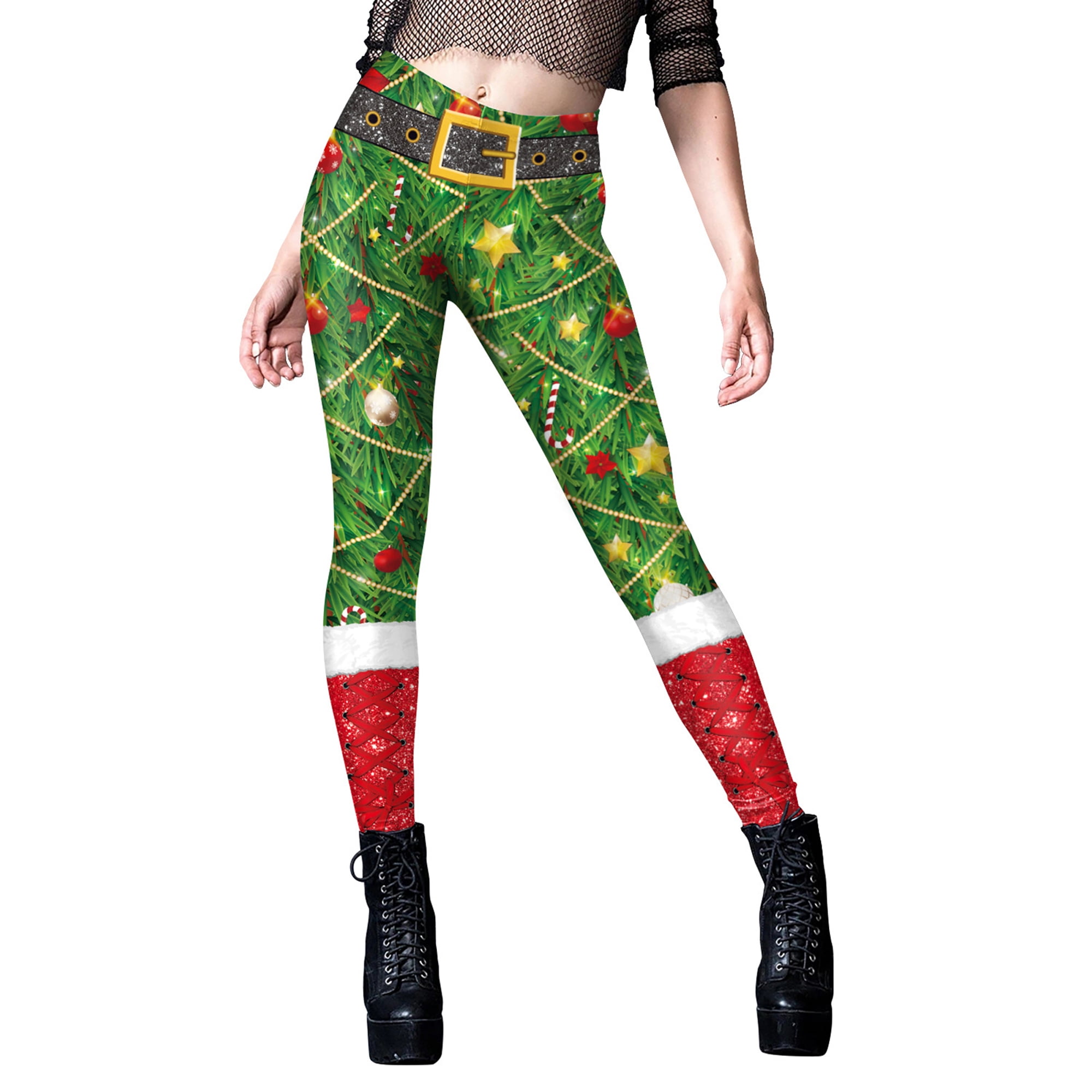 Womens Funny Printed Ugly Christmas Leggings Stripes Print High Waist  Elastic Slim Fit Tights Yoga Pants 