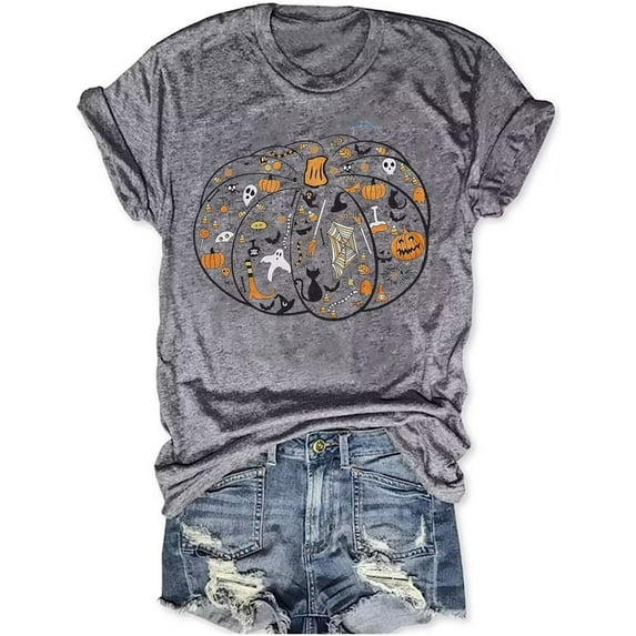 Womens Funny Short Sleeve Halloween Thanksgiving Fall T-Shirts Graphic Tee Tops (S,23Y Grey)