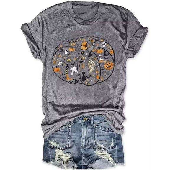 Womens Funny Short Sleeve Halloween Thanksgiving Fall T-Shirts Graphic Tee Tops (XL,23Y Grey)