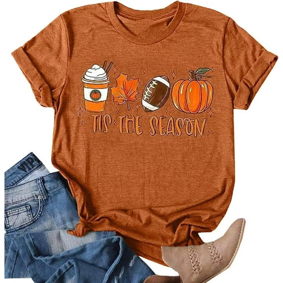 Womens Funny Short Sleeve Halloween Thanksgiving Fall T-Shirts Graphic Tee Tops (XXL,23IT Brown)